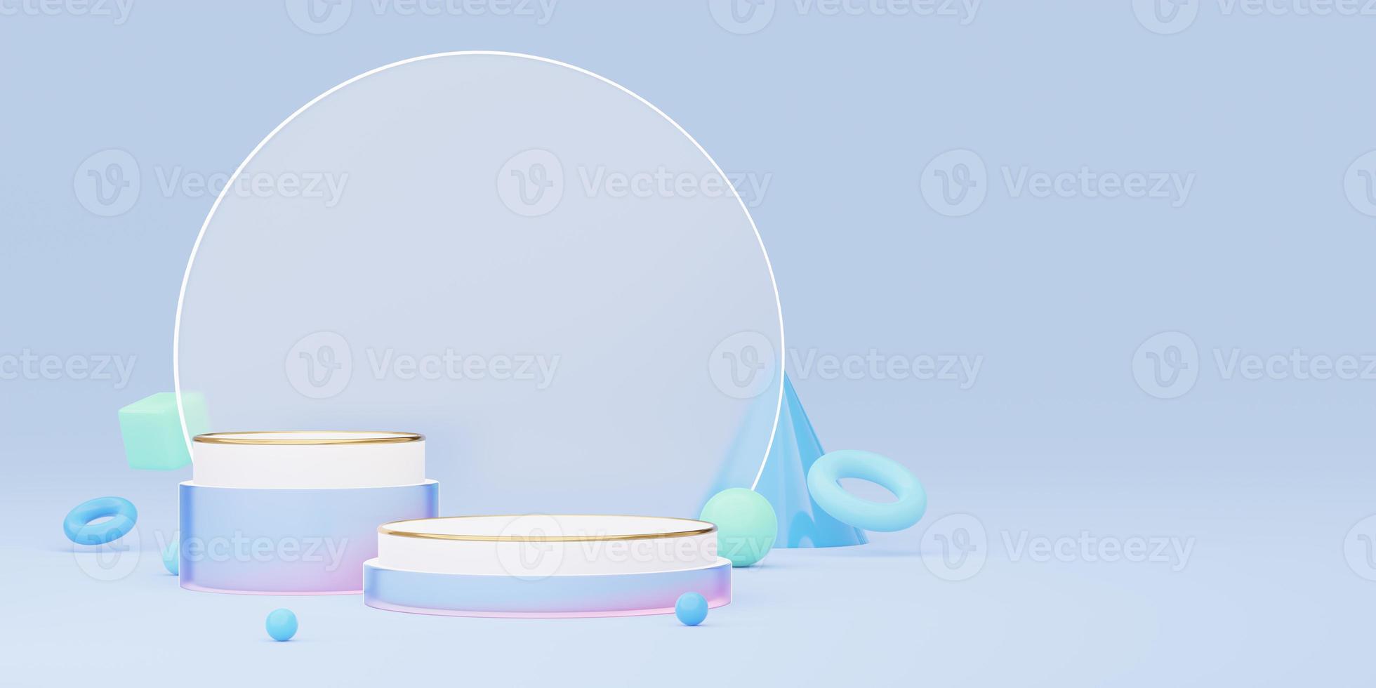 Empty marble cylinder podium with gold border, ball, cone, cube on blue glass arch circle background. Abstract minimal studio 3d geometric shape. Mockup space for display of product design. 3d render. photo