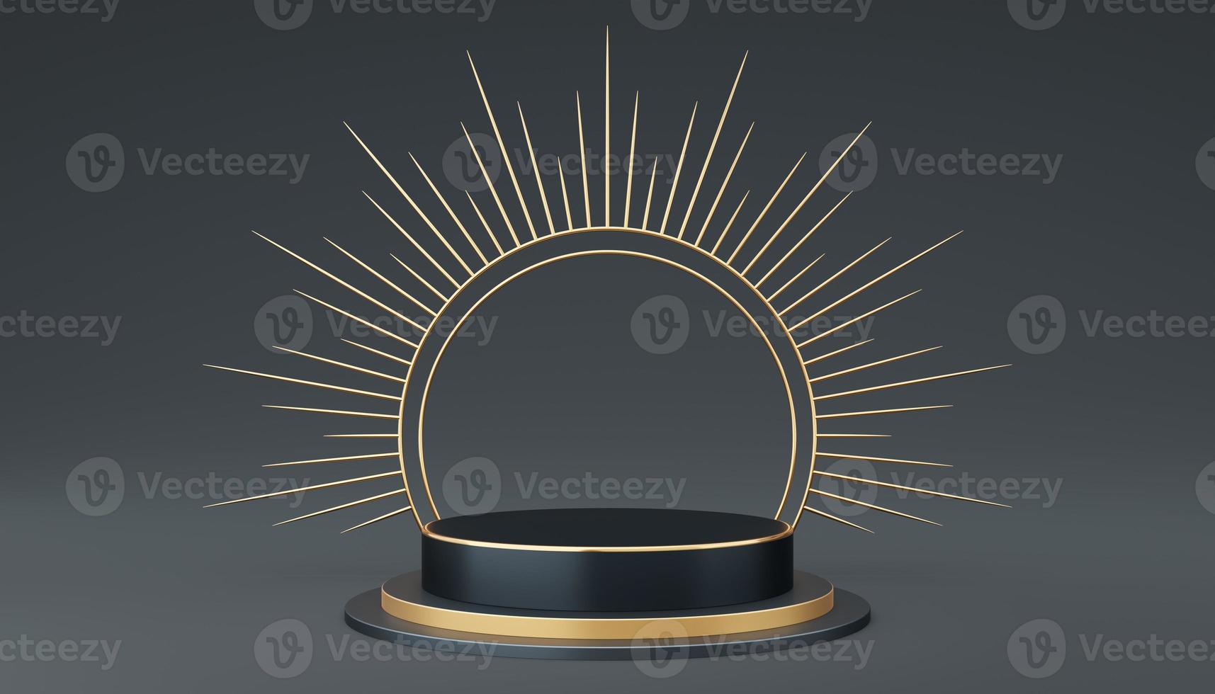 Empty gray cylinder podium with gold border and spiked halo circle on black background. Abstract minimal studio 3d geometric shape object. Pedestal mockup space for luxury display. 3d rendering. photo