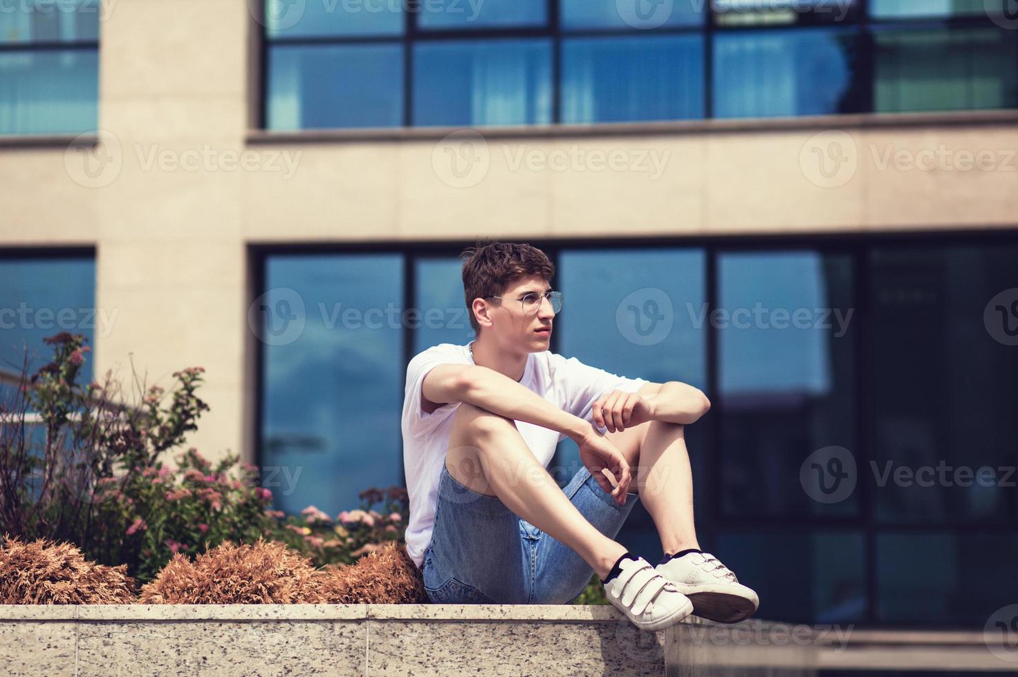 Hipster model wearing white blank t-shirt photo