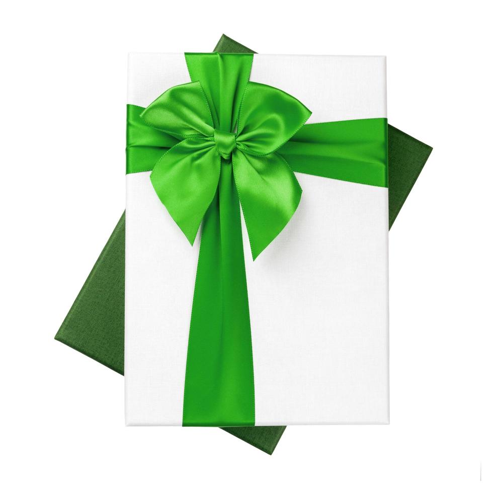 White gift Box with green ribbon Isolated on white background photo