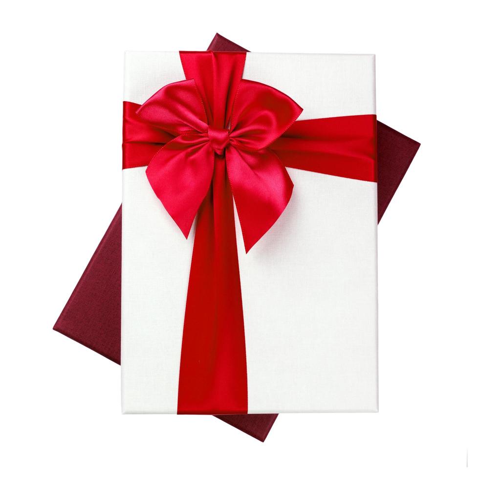 White gift Box with red ribbon Isolated on white background photo