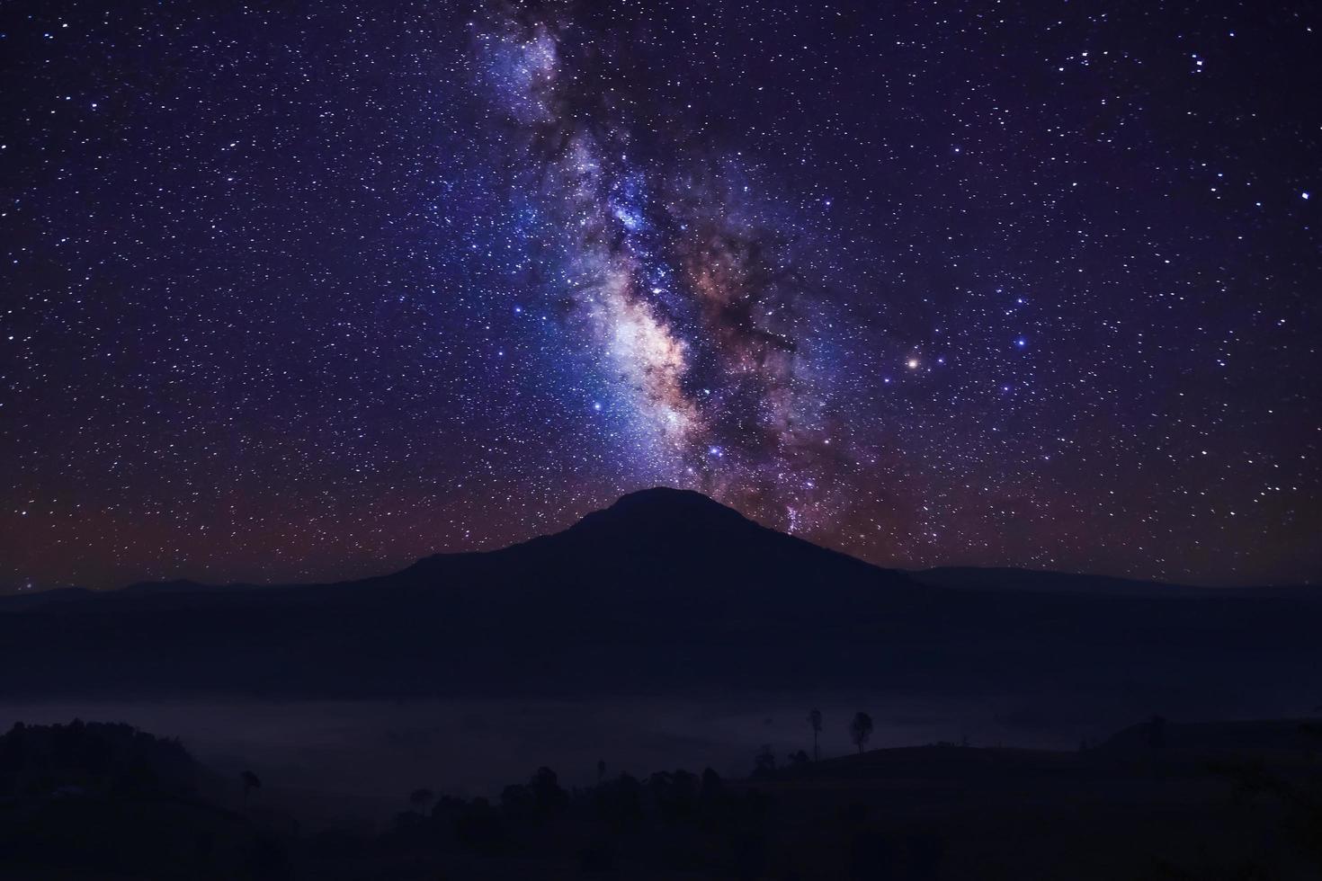 milky way over mountain,long exposure photograph,with grain photo