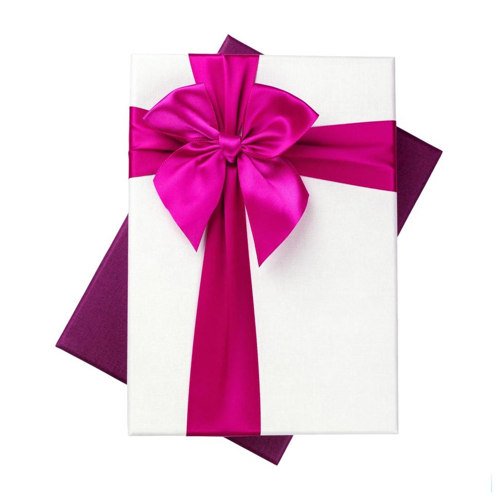 White gift Box with pink ribbon Isolated on white background photo