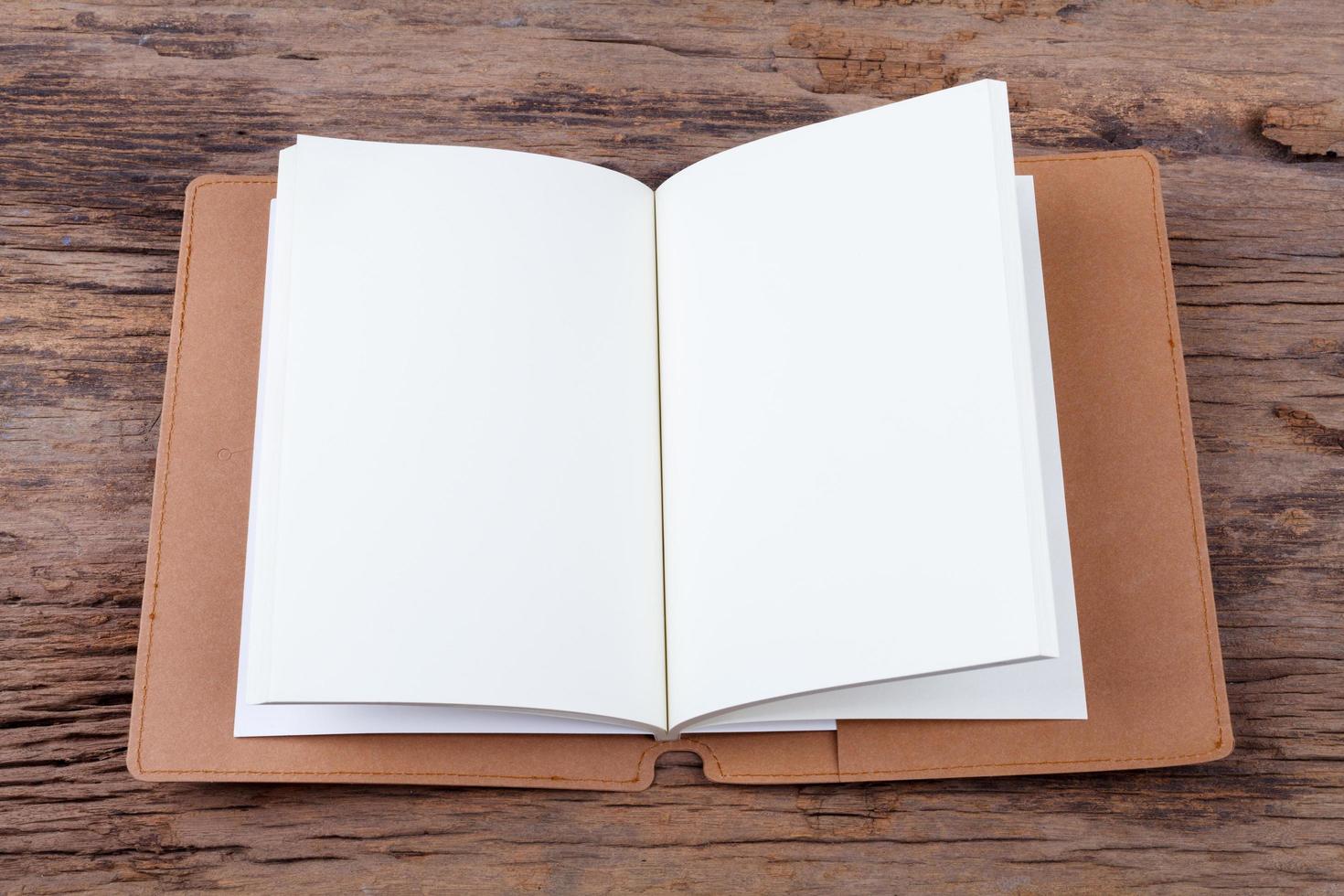 Blank empty notepad on wood background photo