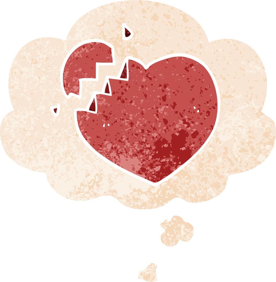 cartoon broken heart and thought bubble in retro textured style vector