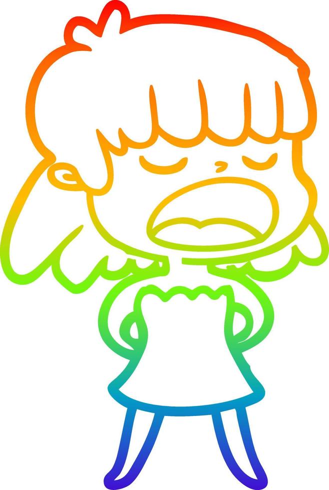 rainbow gradient line drawing cartoon woman talking loudly vector