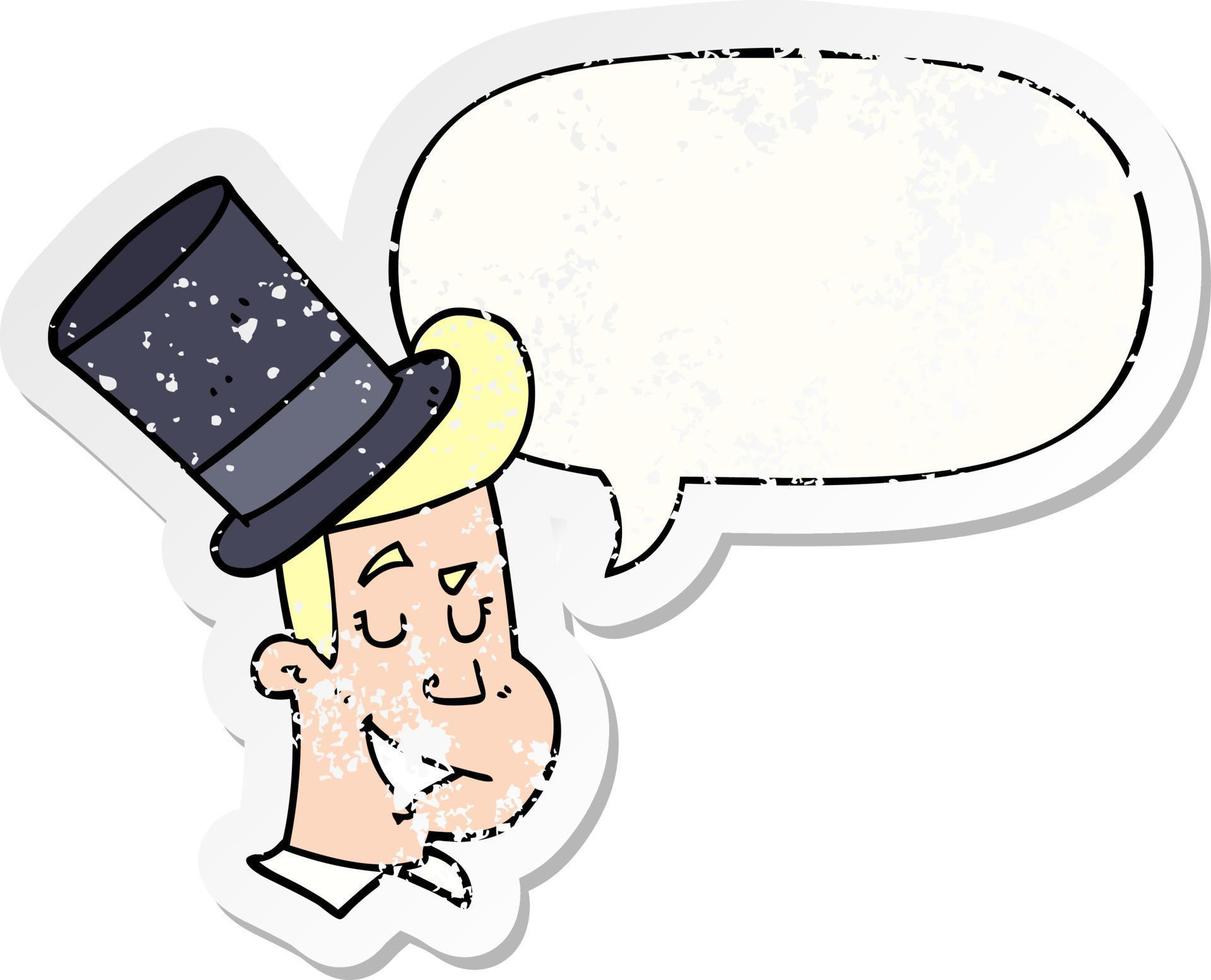 caricatura, hombre, llevando, sombrero de copa, y, burbuja del discurso, pegatina angustiada vector
