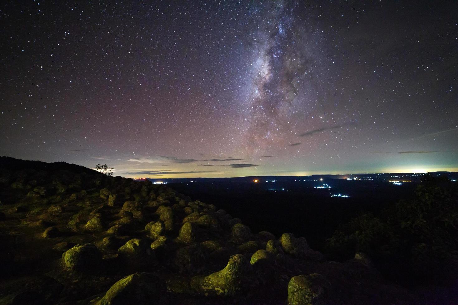 Milky way galaxy with knob stone ground is name Lan Hin Pum viewpoint at Phu Hin Rong Kla National Park in Phitsanulok, Thailand photo