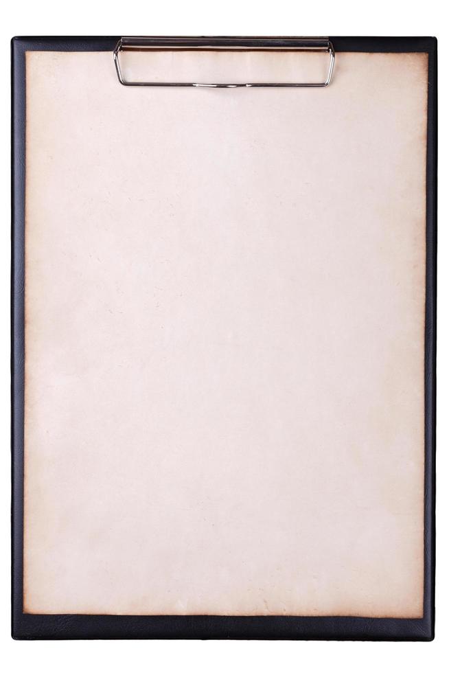Old brown paper on clipboard on white background photo