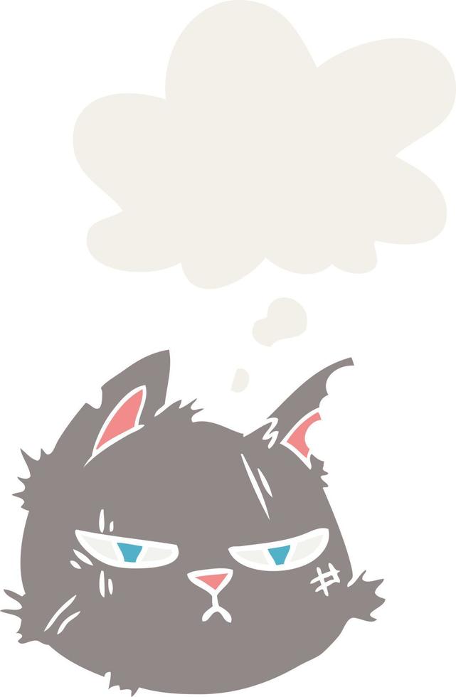 cartoon tough cat face and thought bubble in retro style vector