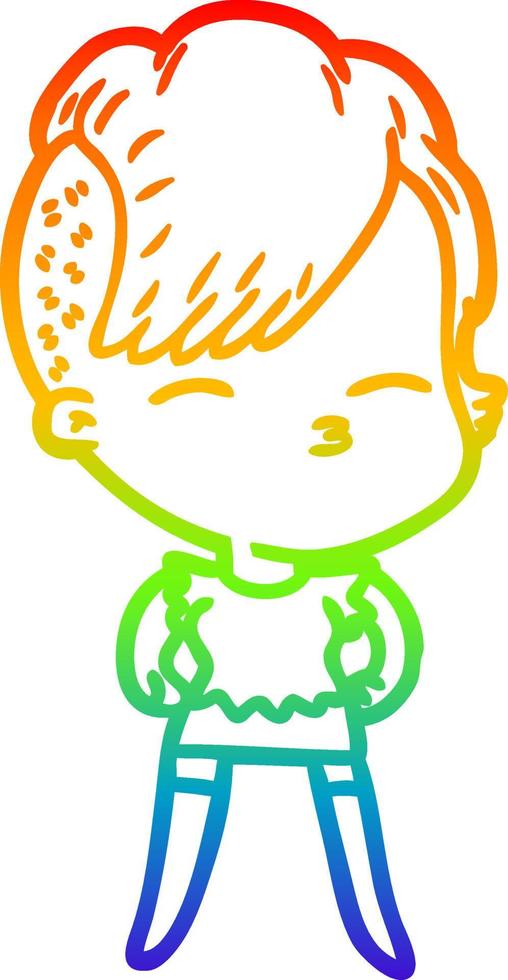 rainbow gradient line drawing cartoon squinting girl vector