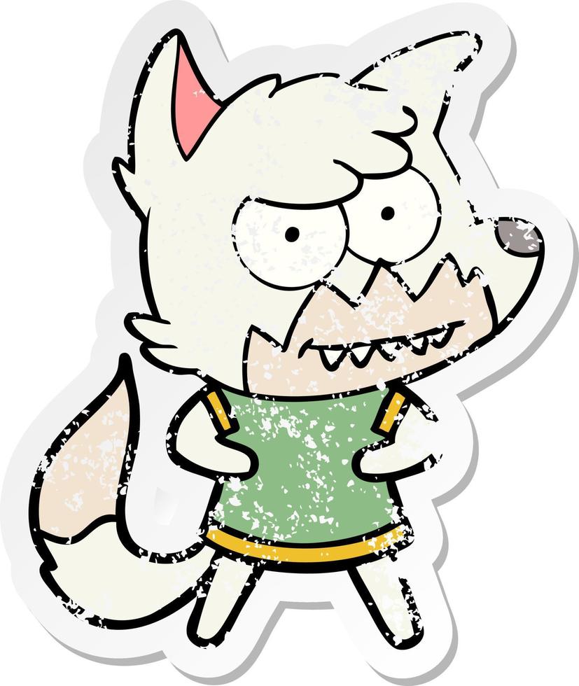 distressed sticker of a cartoon grinning fox vector