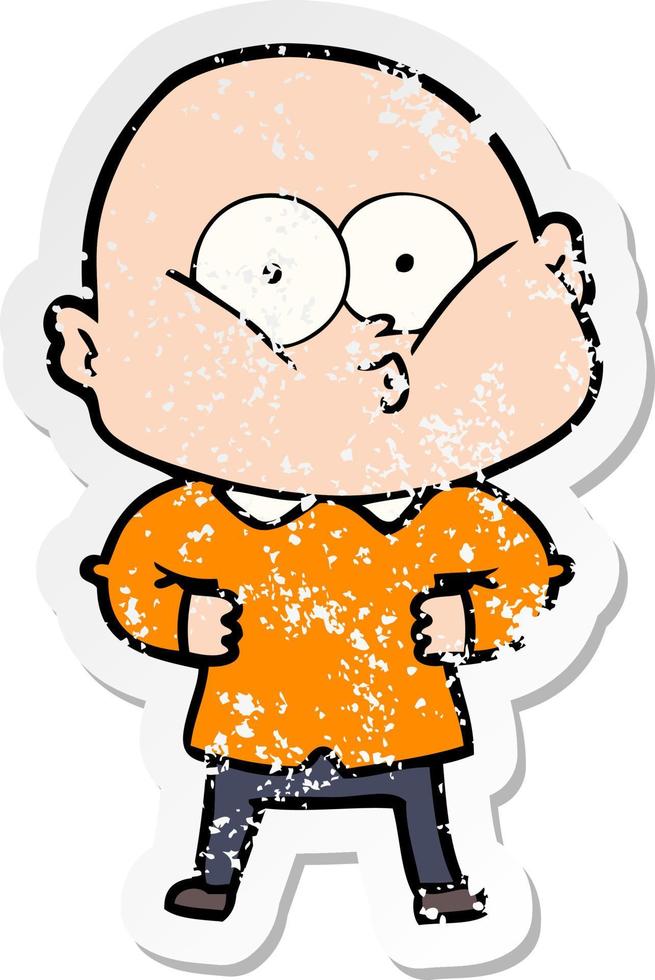 distressed sticker of a cartoon bald man staring vector
