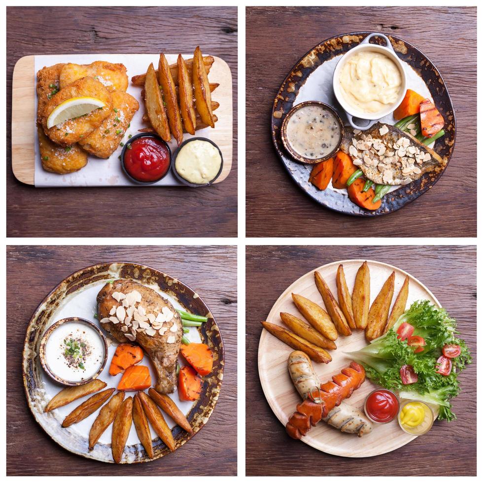 Fish and chips,Fried chicken drumsticks with french fries,Smoked sausagewith potato,Seabass Steak with vegetables photo