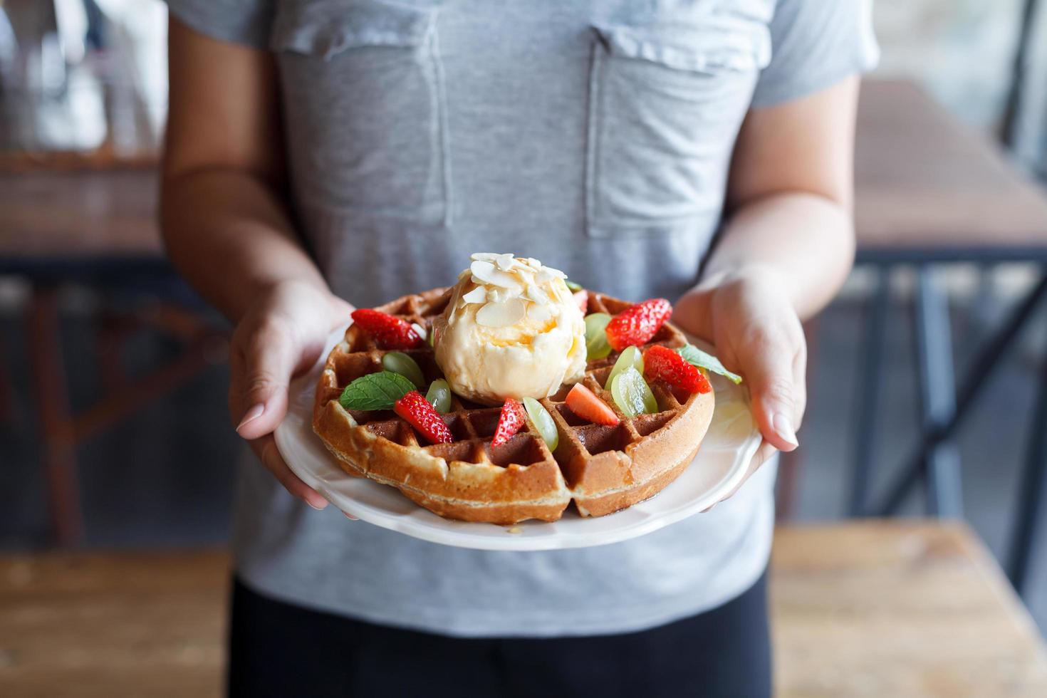 waffles with strawberries and ice cream photo