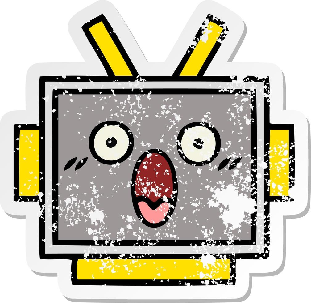 distressed sticker of a cute cartoon robot head vector