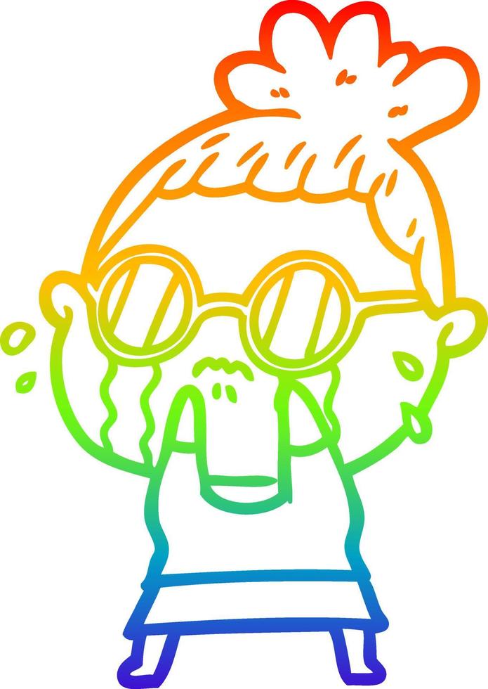 rainbow gradient line drawing cartoon crying woman wearing sunglasses vector
