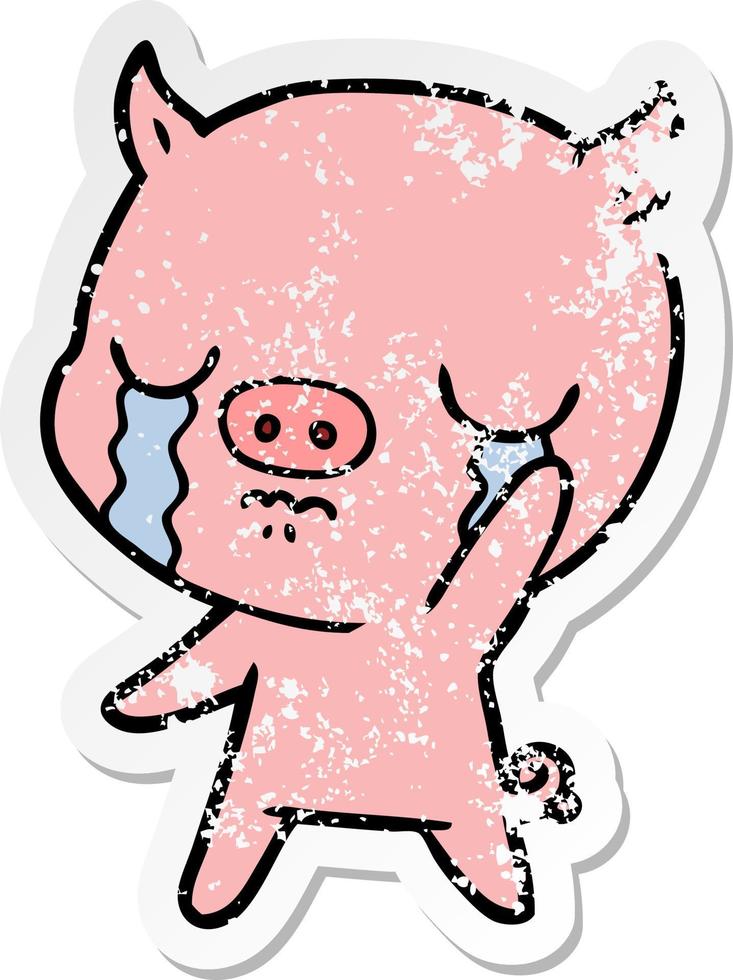 distressed sticker of a cartoon pig crying waving goodbye vector