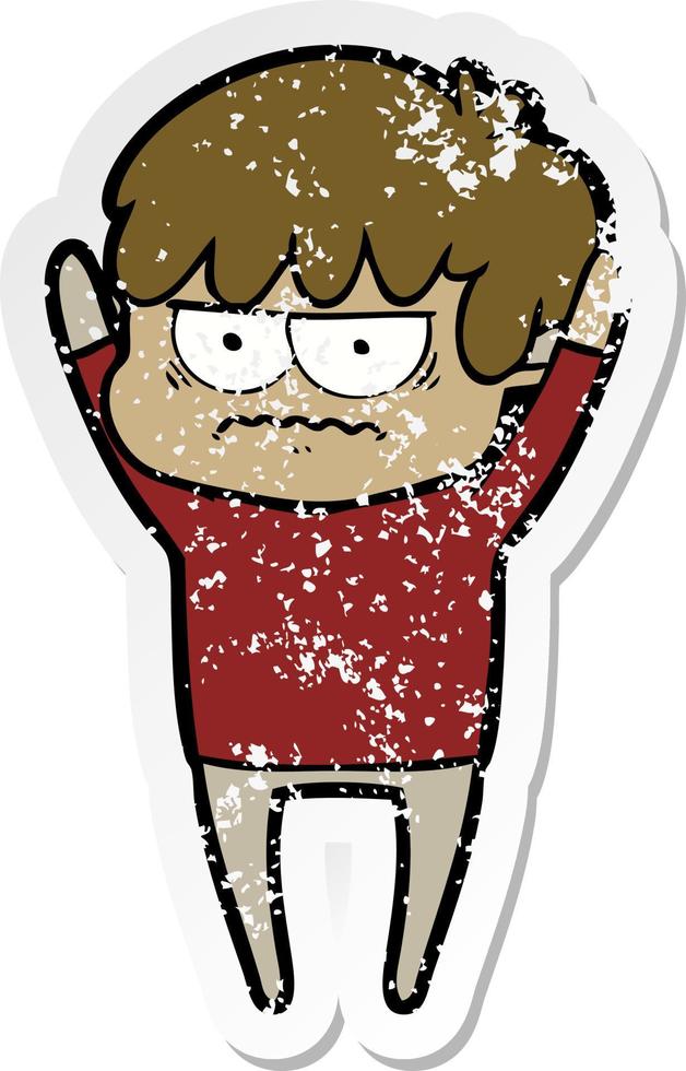 distressed sticker of a annoyed cartoon boy vector