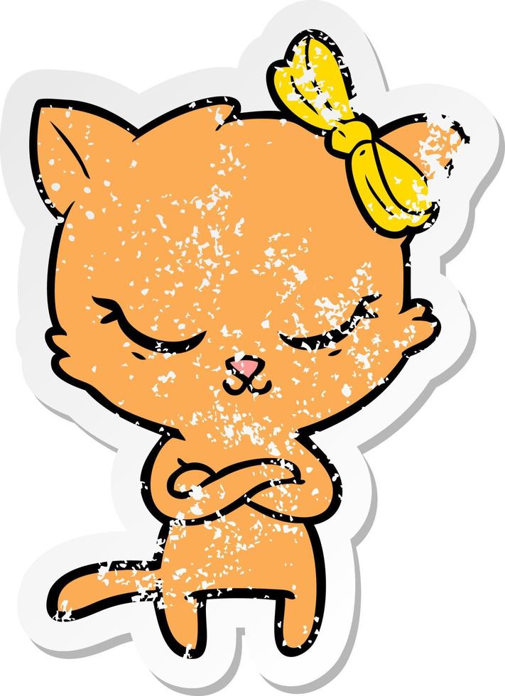 distressed sticker of a cute cartoon cat with bow vector