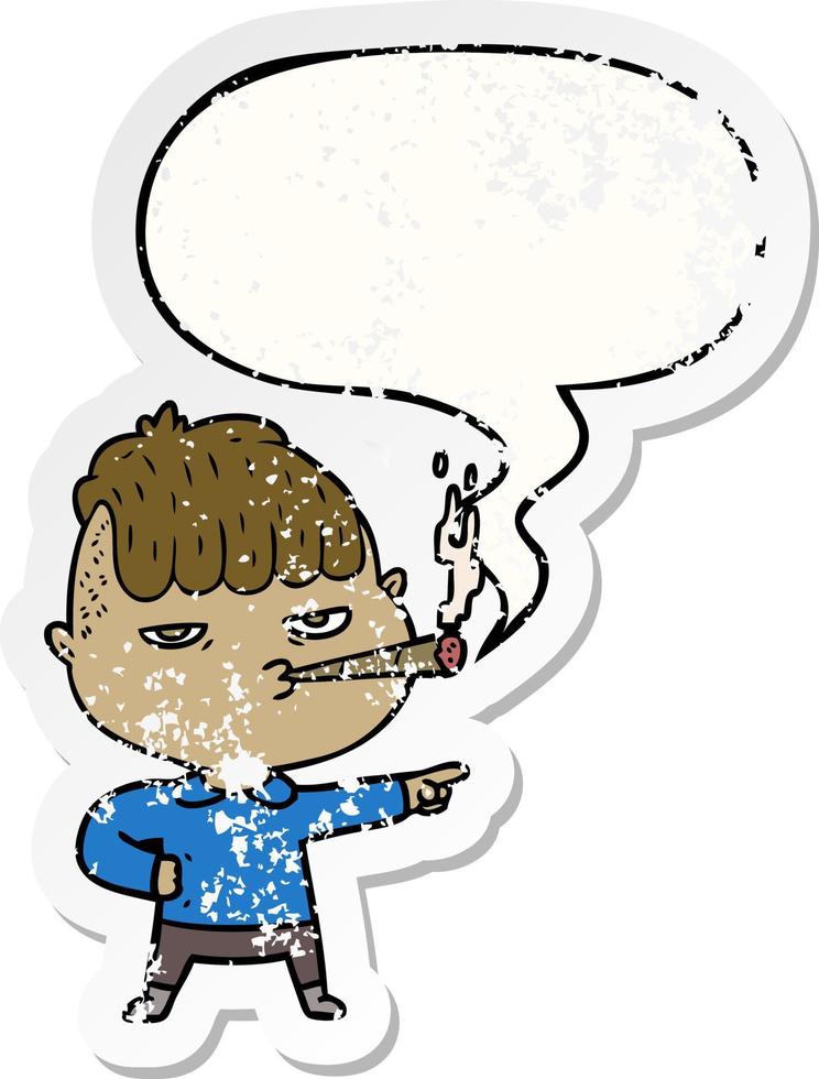 cartoon man smoking and speech bubble distressed sticker vector