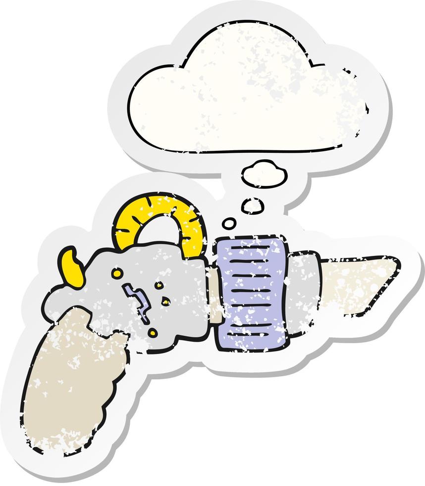 cartoon ray gun and thought bubble as a distressed worn sticker vector