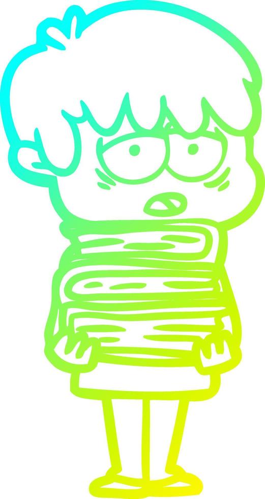 cold gradient line drawing cartoon exhausted boy holding book vector