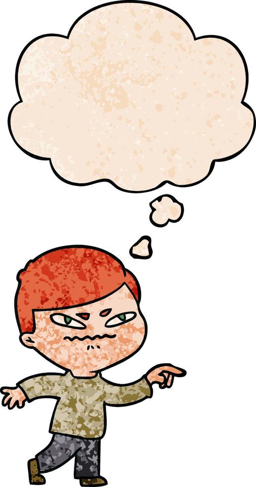 cartoon angry man pointing and thought bubble in grunge texture pattern style vector