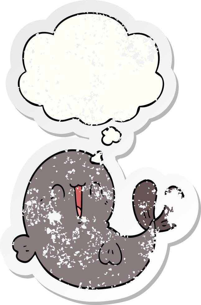 cute cartoon whale and thought bubble as a distressed worn sticker vector