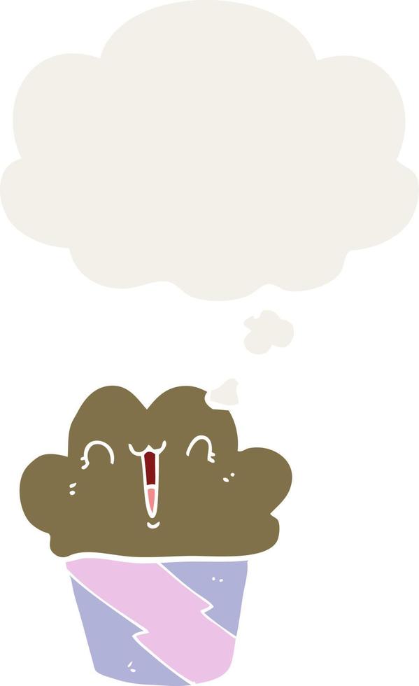 cartoon cupcake with face and thought bubble in retro style vector