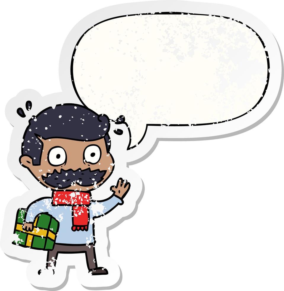 cartoon man and mustache and christmas present and speech bubble distressed sticker vector
