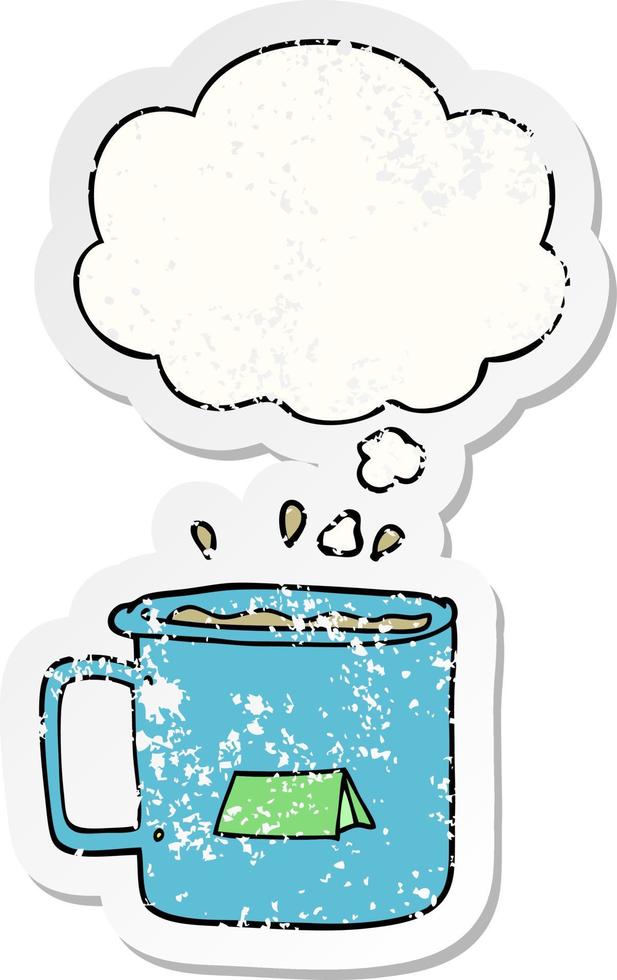 cartoon camping mug and thought bubble as a distressed worn sticker vector