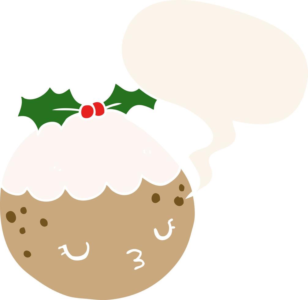 cute cartoon christmas pudding and speech bubble in retro style vector