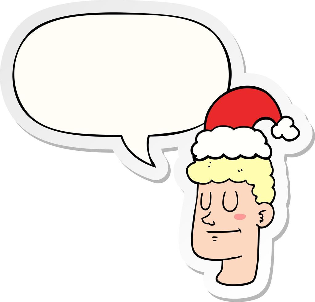 cartoon man wearing christmas hat and speech bubble sticker vector