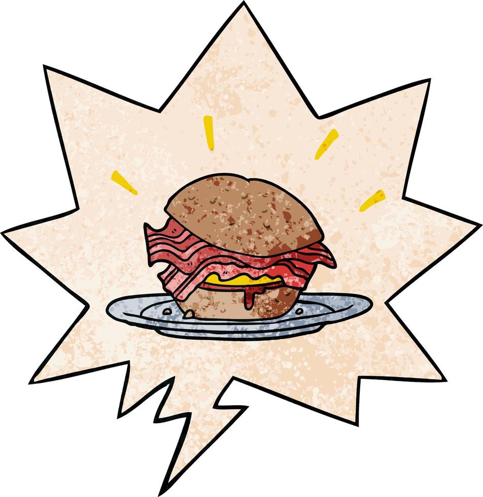 dibujos animados increíblemente sabroso tocino desayuno sándwich y queso y burbuja del habla en estilo de textura retro vector