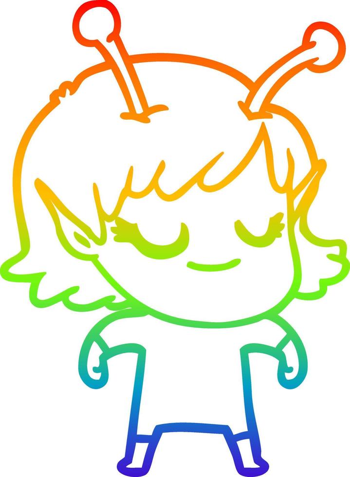 rainbow gradient line drawing smiling alien girl cartoon vector