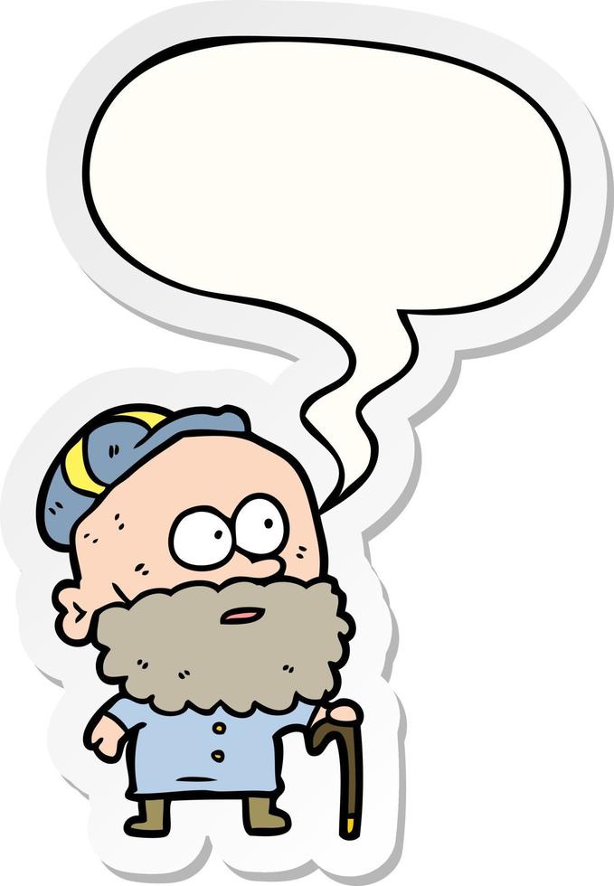 old cartoon man and walking stick and flat cap and speech bubble sticker vector