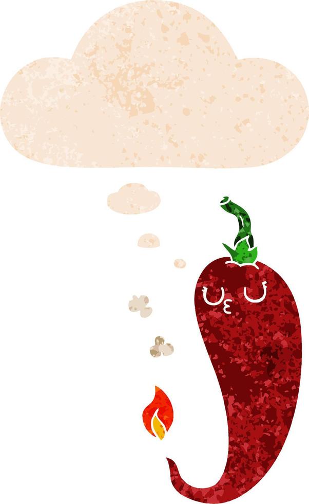 cartoon hot chili pepper and thought bubble in retro textured style vector