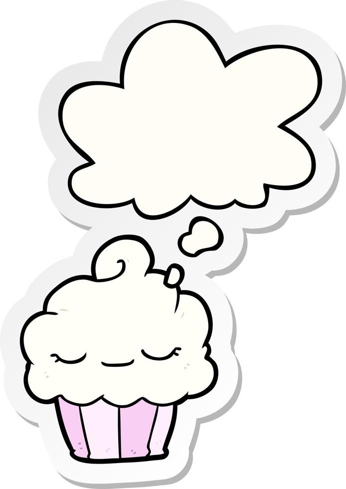 cupcake de dibujos animados y burbuja de pensamiento como pegatina impresa vector