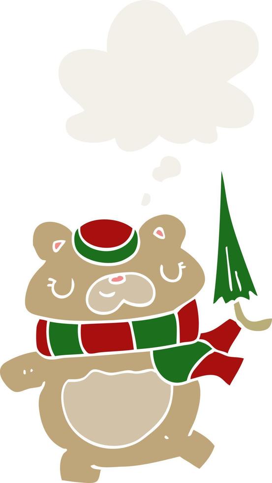 cartoon bear with umbrella and thought bubble in retro style vector