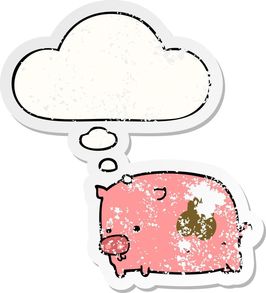 cartoon pig and thought bubble as a distressed worn sticker vector