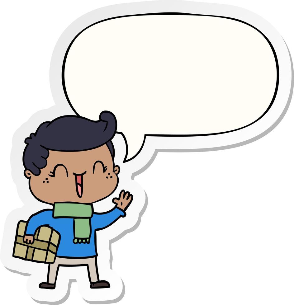 cartoon laughing boy and speech bubble sticker vector