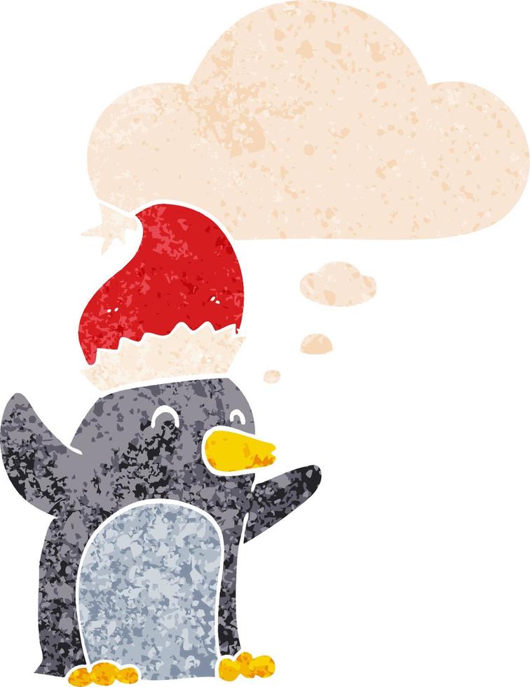 lindo pingüino de navidad de dibujos animados y burbuja de pensamiento en estilo retro texturizado vector