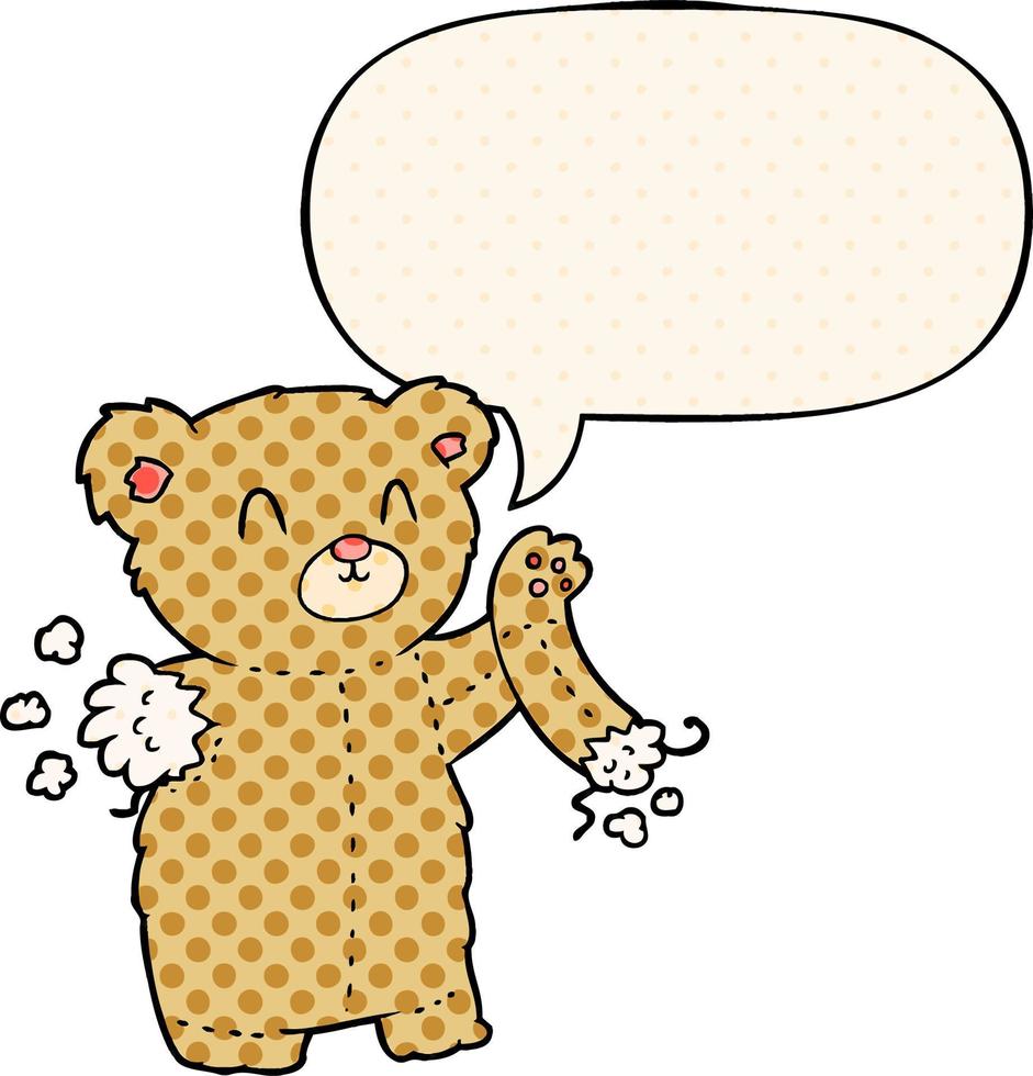 cartoon teddy bear and torn arm and speech bubble in comic book style vector