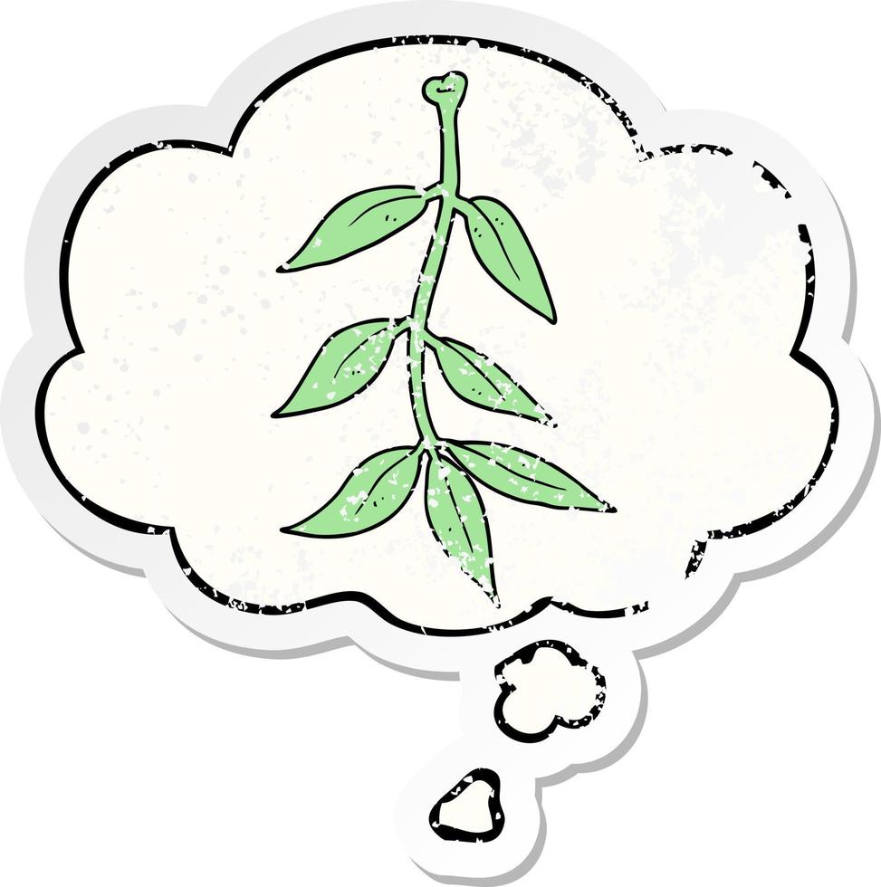 cartoon leaves and thought bubble as a distressed worn sticker vector