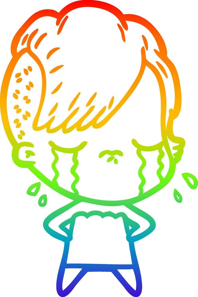 rainbow gradient line drawing cartoon crying girl vector