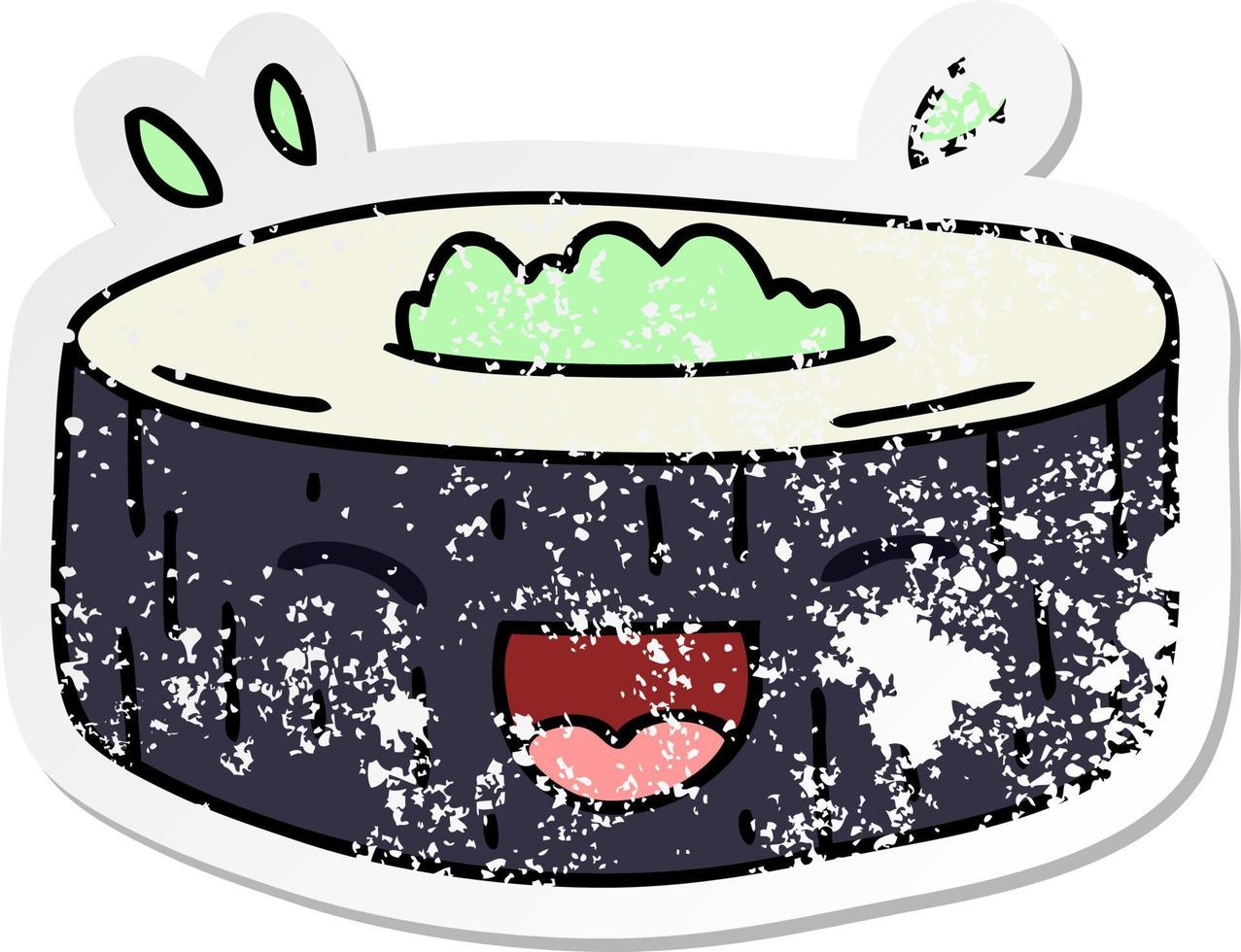distressed sticker of a quirky hand drawn cartoon happy sushi vector