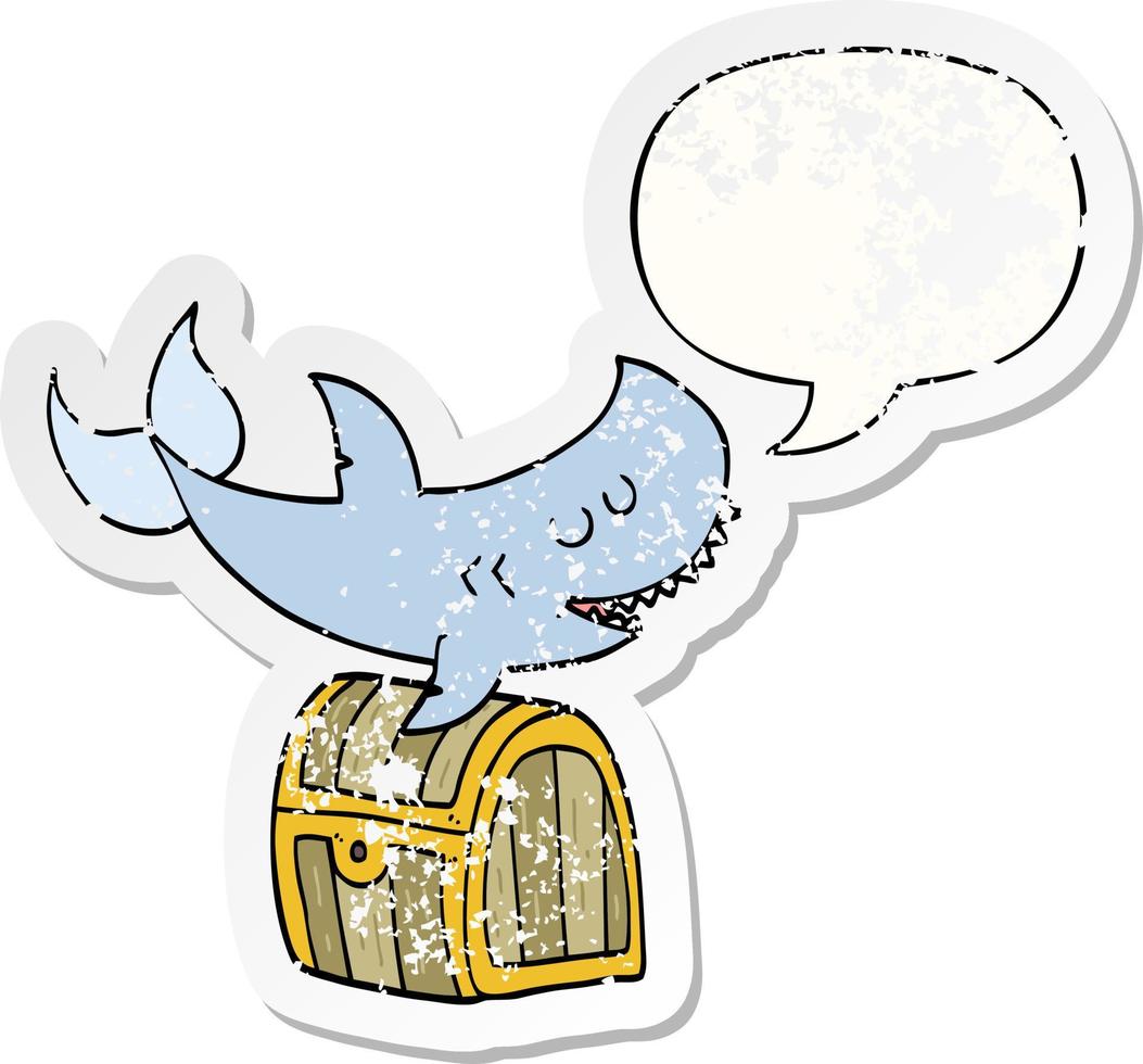cartoon shark swimming over treasure chest and speech bubble distressed sticker vector