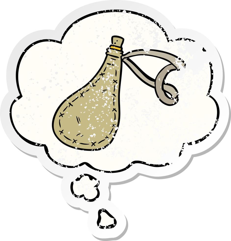 cartoon water sack and thought bubble as a distressed worn sticker vector