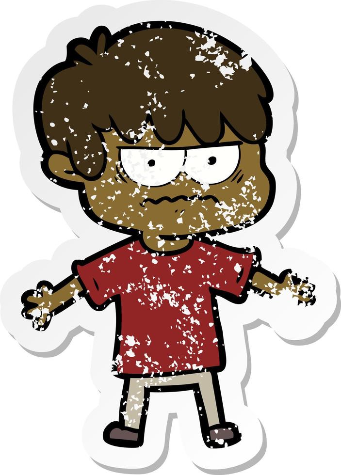 distressed sticker of a annoyed cartoon boy vector